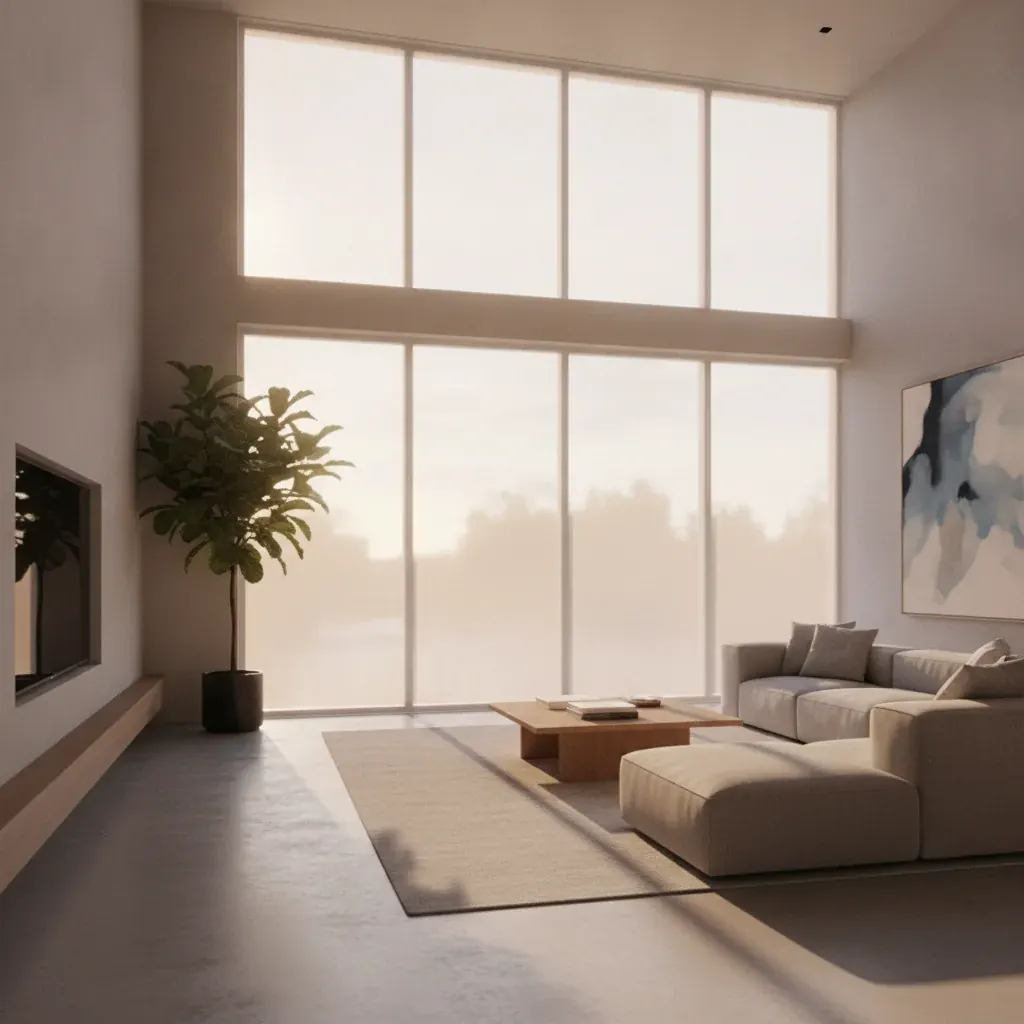 Living room with tall windows and window film